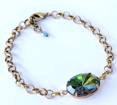 ​Vtg Czech Vitrail Rhinestone Adjustable Length Bracelet Antique Brass Chain