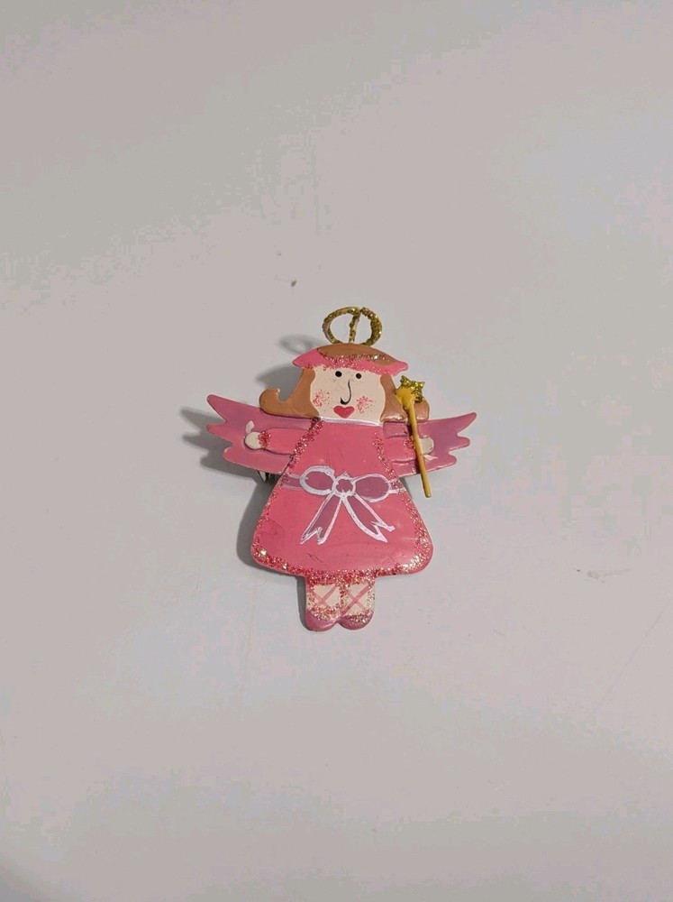 Vtg Fairy Angel Pin Brooch Hand painted Pink Metal Whimsical Magical Fairytale