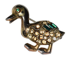 Vintage 50s Green Eye White and Green Rhinestone Duck Gold Tone Brooch
