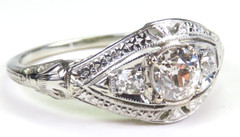 Antique 3 Diamond Filigree Engagement 14K-18KW Gold Ring Size 9 UK-R1/2 EGL USA