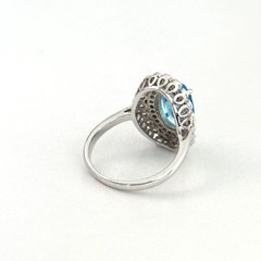 Ladies Light Blue & Clear CZ Halo Bezel Set White Gold Plated Ring Size 8