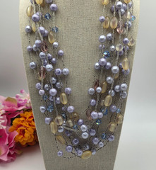 Vintage Lavender Faux Pearl Crystal Lucite 10 Strand Waterfall Necklace 21 In