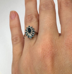 BLUE MARQUISE FAUX SAPPHIRE HALO SETTING SILVER TONE RING SIZE 5.25 UNSIGNED