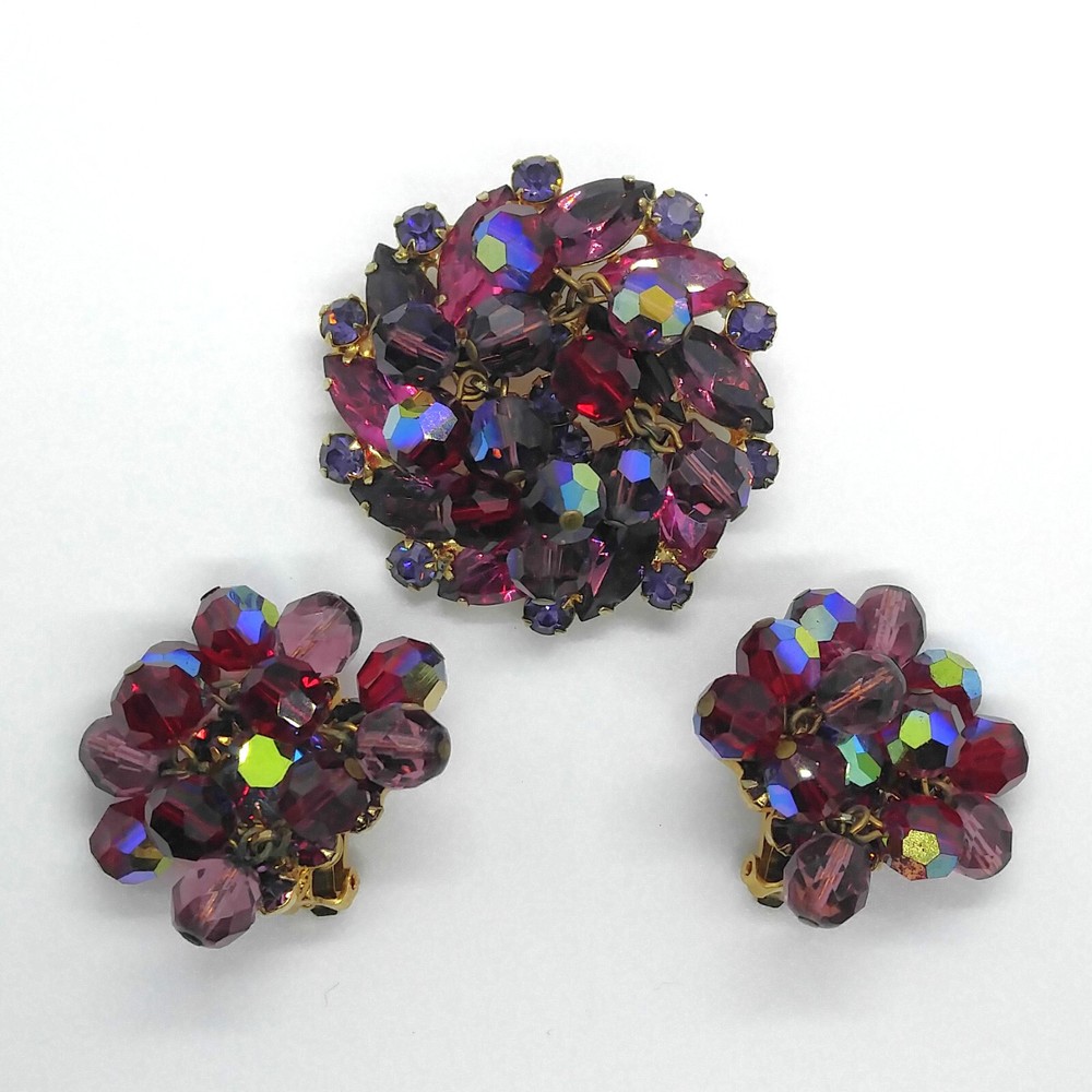Vintage Juliana D&E Red Purple Fuschia AB Cha Cha Rhinestone Brooch and Earrings