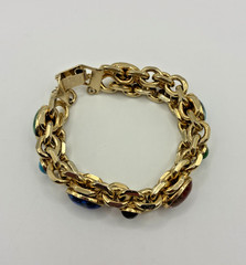 Vintage Bracelet Chunky Gold Tone Multi Color Cabochon Curb Link Safety Chain