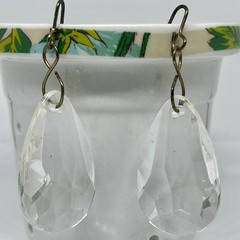 Vintage Glass Prism Earrings Dangle Drop Artisan Brass Hooks Reflects Light 2”