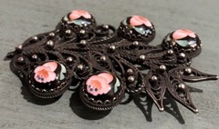 Vintage Russian Rostov Finift Filigree Hand-Painted Porcelain Cabochons Brooch