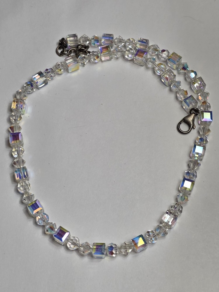 Vintage Sterling Silver Aurora Borealis Cube Crystal Glass Beaded Necklace Adjus