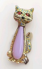 CAT Brooch Pin, Vintage Mod Costume Rhinestone Pink Jelly Belly Aurora Borealis