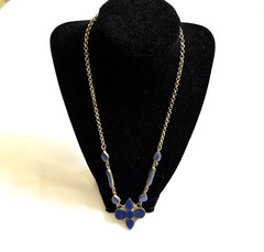 Vintage Pakistan Lapis Lazuli Flower Necklace, Boho Ethnic Inlay, Blue Stone