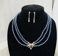 Blue Faux Pearl Necklace 3 Strand Rhinestone Bow + Dangle Earrings Pierced