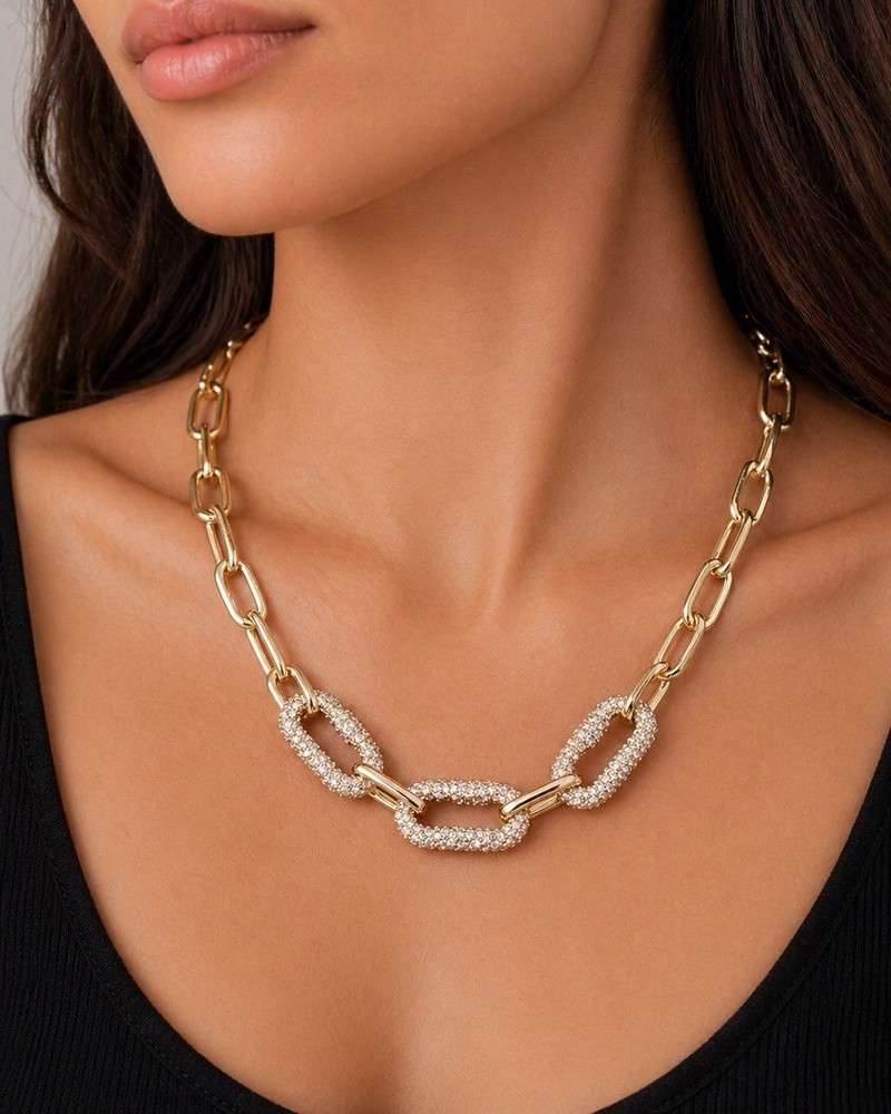Womens Gold Tone Link Chain Necklace Oval Pave Crystal Screw Lock