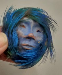 3 Brooches: Tribal Peacock Feather Clay Mask, RITZ Pewter Face, Bar W/ Charms