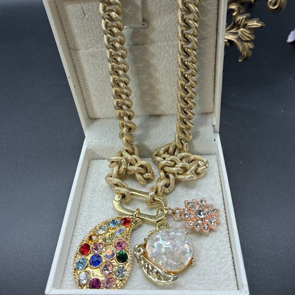 CUSTOM Vintage Charm Holder Necklace, Rhinestones, Paisley, Thermoset Confetti