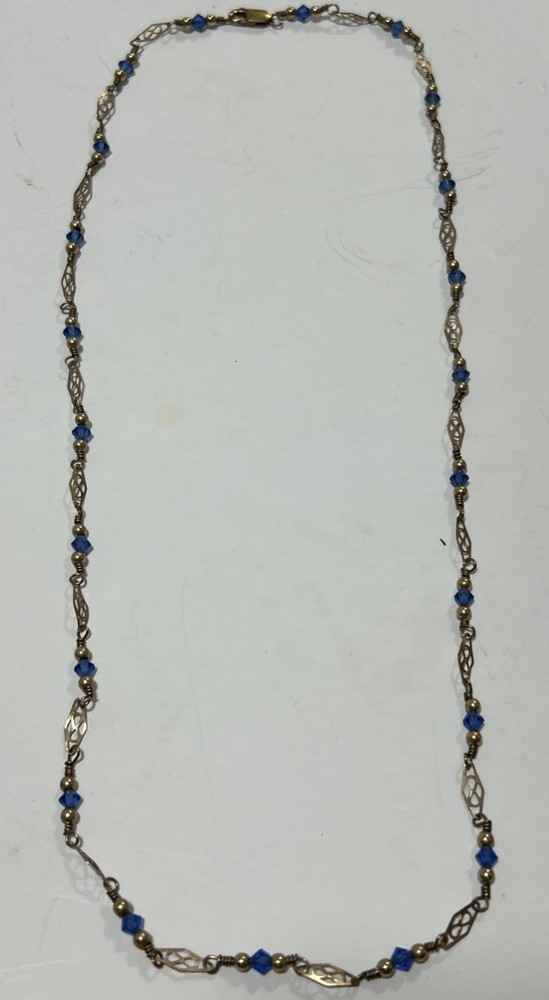 Vintage Gold And Blue Beaded Necklace 14/20 GF Lobster Clasp Estate Find 23 Inch