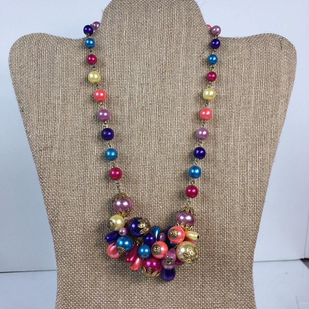 Vintage Beaded Necklace Bright Party Colors Goldtone Accents