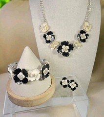 Dana Buchman Enamel Flowers 3 Piece Set Silver Plated Black Cream With Crystals