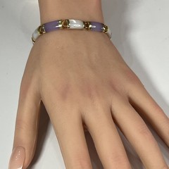 Vintage WJ 10k Yellow Gold Lavender Jade & Mother Of Pearl Asian Bracelet 7.5”