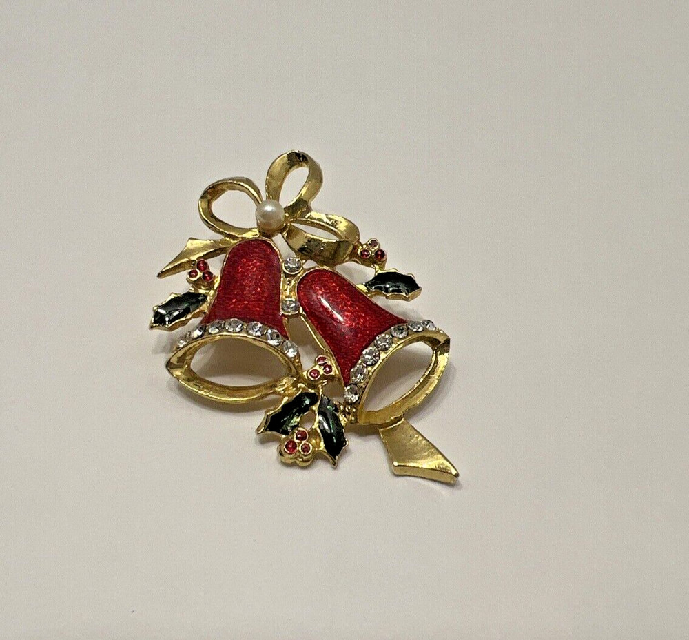 Vintage Red Enamel Christmas Holiday Jingle Bells Brooch Holiday Jewelry Pin