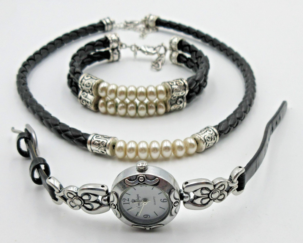 VTG Set Lot PREMIER DESIGNS NECKLACE BRACELET WATCH Faux pearl black silver tone