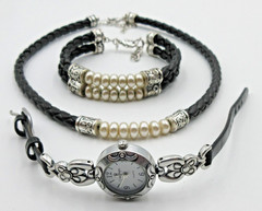 VTG Set Lot PREMIER DESIGNS NECKLACE BRACELET WATCH Faux pearl black silver tone