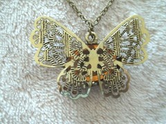 Butterfly Pendant, Gold Tone Metal, Amber Glass Stone Body, Very Detailed
