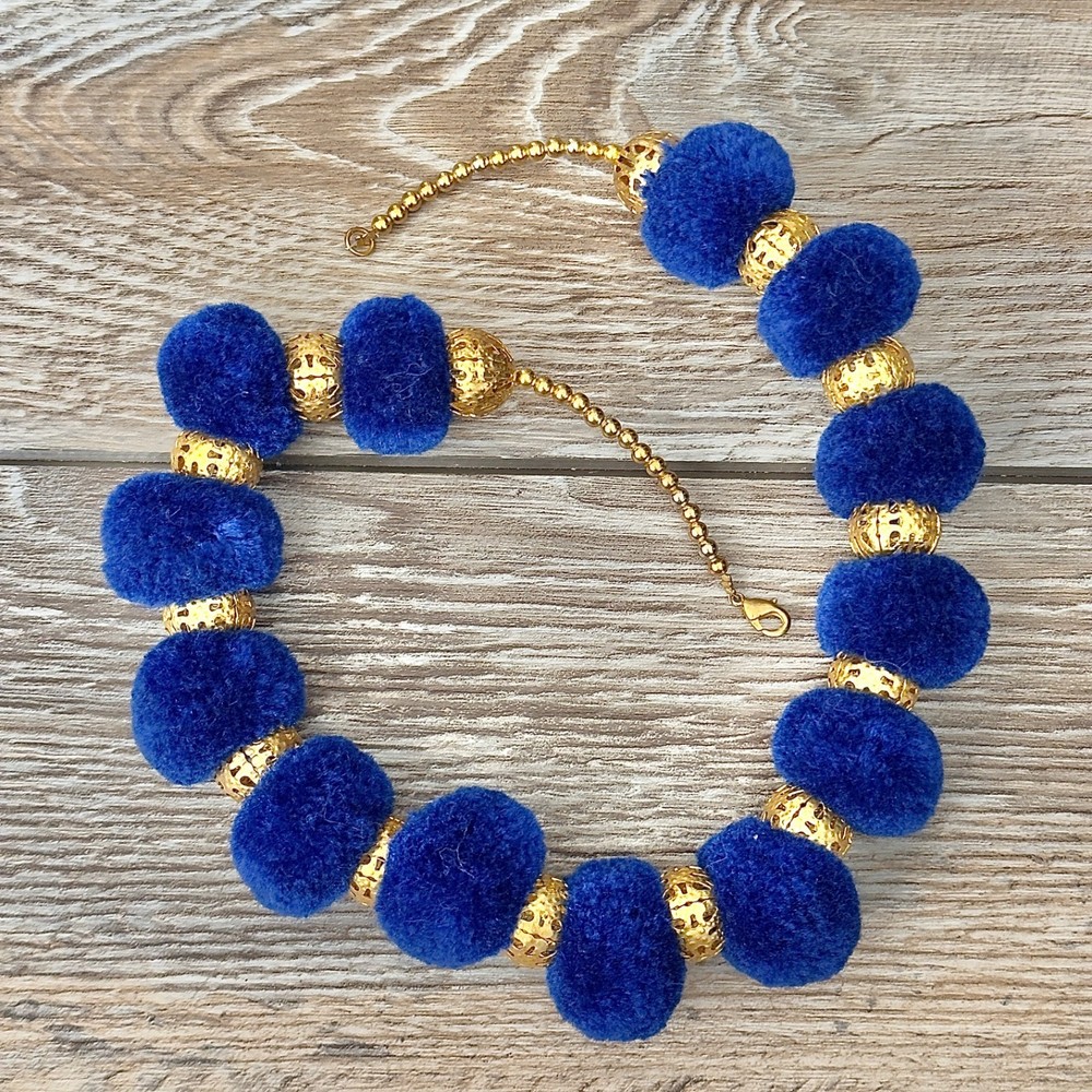 Vintage Beaded Pom Pom Statement Necklace Blue & Gold tone