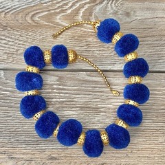 Vintage Beaded Pom Pom Statement Necklace Blue & Gold tone