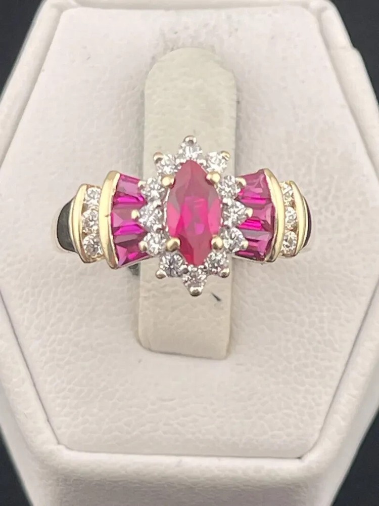 Ruby Pink & Diamond Vintage Lab Created 14K Yellow Gold Plated Marquies Cut