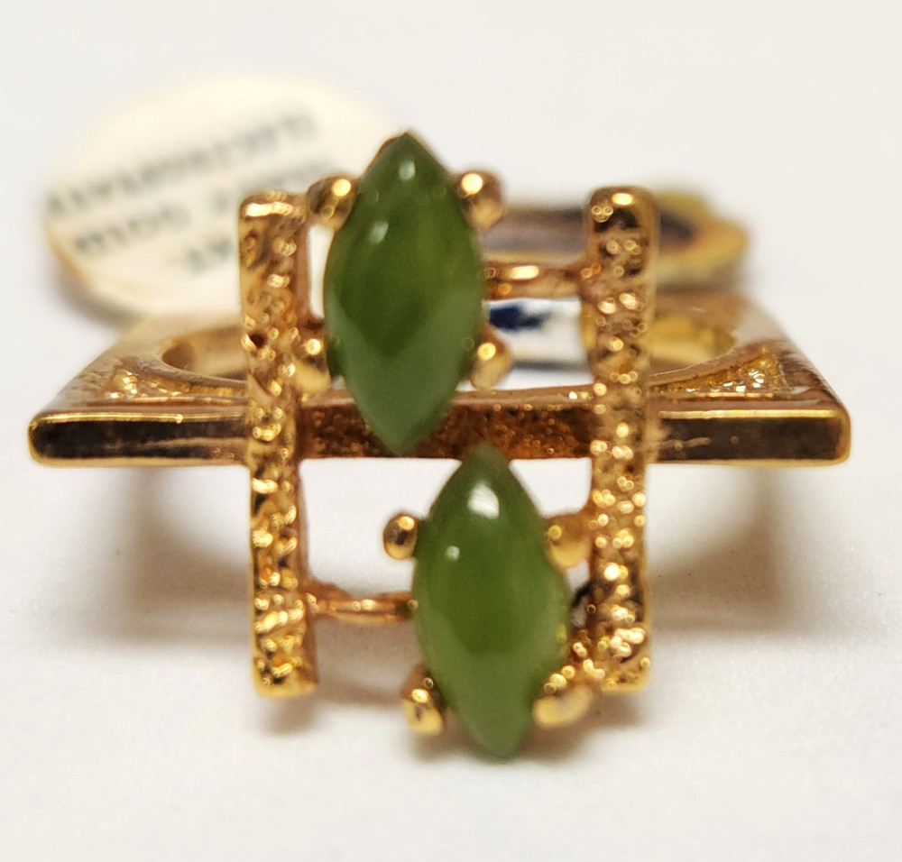 Vintage NOS 14K Heavy Gold Electroplate Marquise Shape Nephrite Jade Ring 6.5