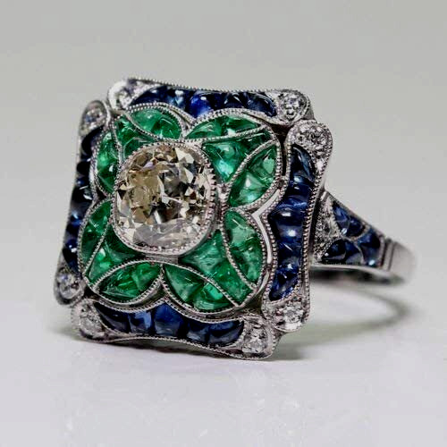 Vintage Emerald, Sapphire & Lab-Created Diamond Floral Engagement 925Silver Ring