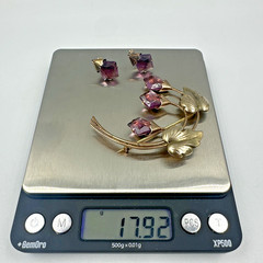 Vtg Sterling Silver Gold Vermeil Purple Rhinestone Flower Brooch & Earrings Set