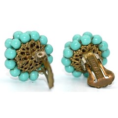Vintage Signed Miriam Haskell Turquoise Bead Bracelet & Clip On Earrings Set