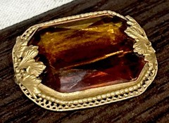 Vintage Nouveau Signed Czech Topaz Amber Glass Open Bezel Set Brooch Pin Amazing