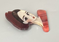 Flat Acrylic Woman-Lady Brooch Sophisticated 2.5” Burgundy-Orange Brown Hair