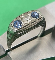 18k White Gold Art Deco Natural European Cut Diamond & Sapphire Ring