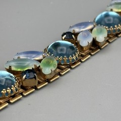 Vintage Bracelet Opaline Navette Glass Cabochon Rhinestone Gold Tone 6.5″ READ