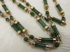 Jade Chinese Export Bamboo Cylinder Station Necklace Gold Plated 36″ Vintage