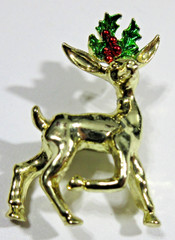 VTG GERRY’S CHRISTMAS reindeer deer holly leaf enamel brooch green red gold tone