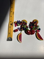 Vintage 80s Wooden Fruit Cluster Clip On Earrings Watermelon Strawberry Novelty⁠