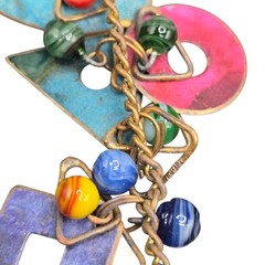 Vtg Copper Collage Art Necklace Metal Geometric Shapes Lampwork Beads & Bones