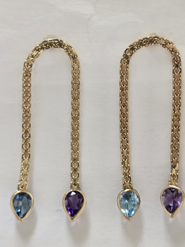 Vintage Antique Dangling Earring 14k Gold Amethyst N Blue Topaz Mesh Design 40mm