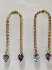 Vintage Antique Dangling Earring 14k Gold Amethyst N Blue Topaz Mesh Design 40mm