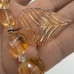 Vtg Art Glass Necklace Amber Citrine Molded Leaves Charm Mellon Beads Read