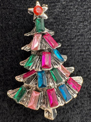 Rhinestone Christmas Tree Brooch Pink Green Blue Retro Holiday Pin