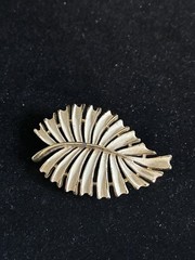 Vintage Gold And White Enamel Leaf Brooch Pin Signed JJ