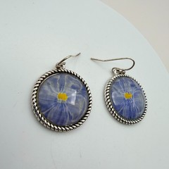 Vintage 90s Silver Tone Blue Flower Glass Cabochon Classic Fashion Jewelry Set
