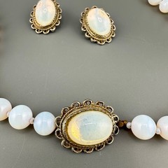 Vintage Opalite Necklace Earrings Set Silver Tone Scalloped Filigree Box Clasp