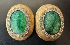 Jomaz Gold Tone Green Cabochon Rhinestone Brooch Earrings Set Vintage DS51