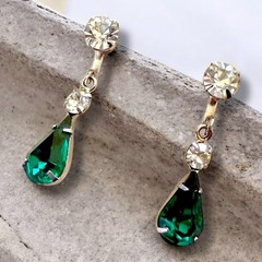 Green Rhinestone Earrings Drop Dangle Screw Back Clip Vintage Mid Century